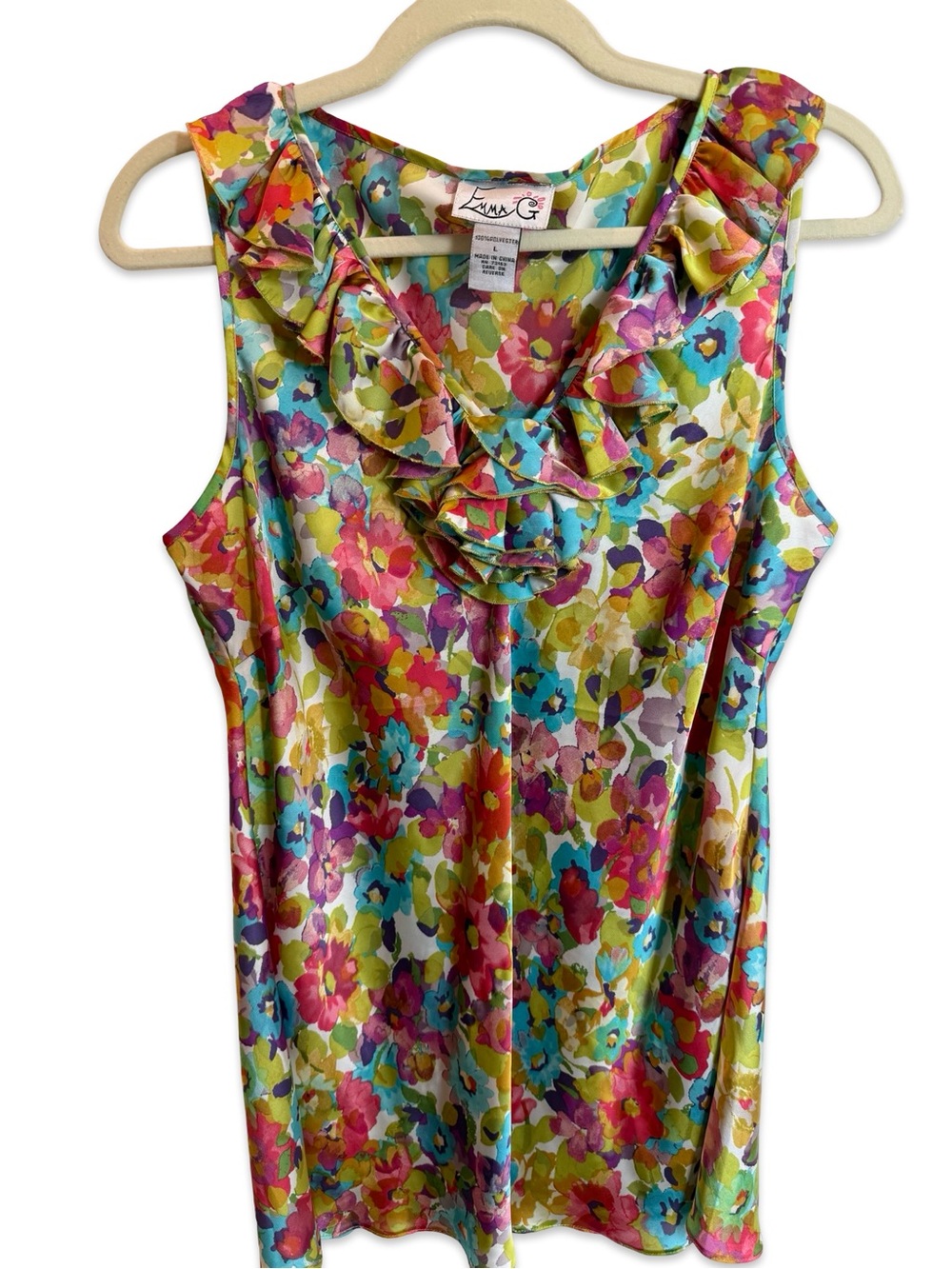 Vintage Emma G Floral Ruffle V-Neck Tank - Multicolor